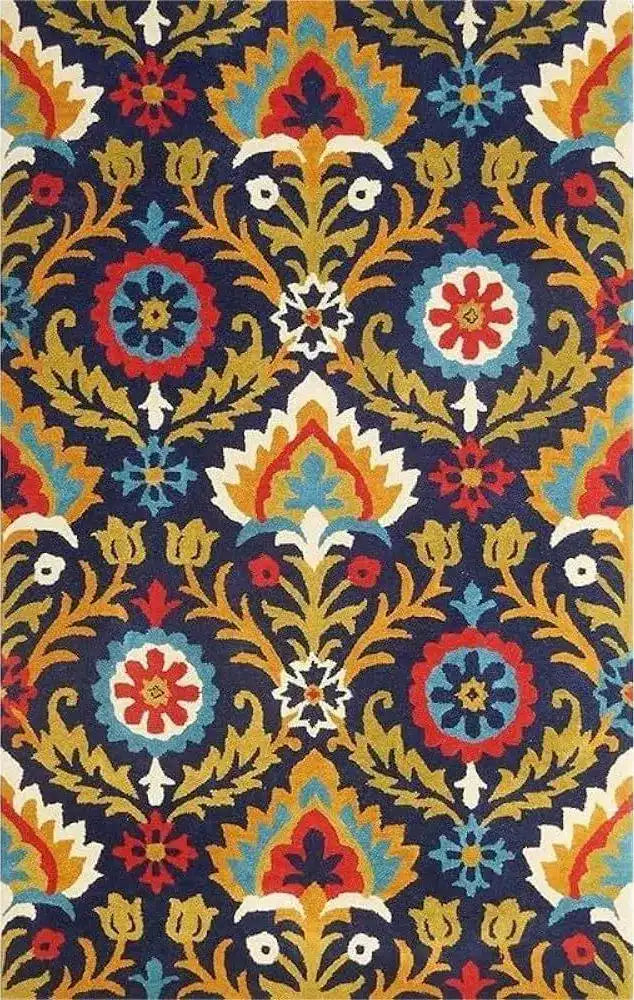 Colorful boho rug with floral and geometric patterns in red, blue, yellow, and white on a dark background