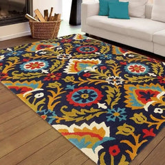 Colorful boho floral rug in living room with beige sofa, wood floor, and fireplace basket