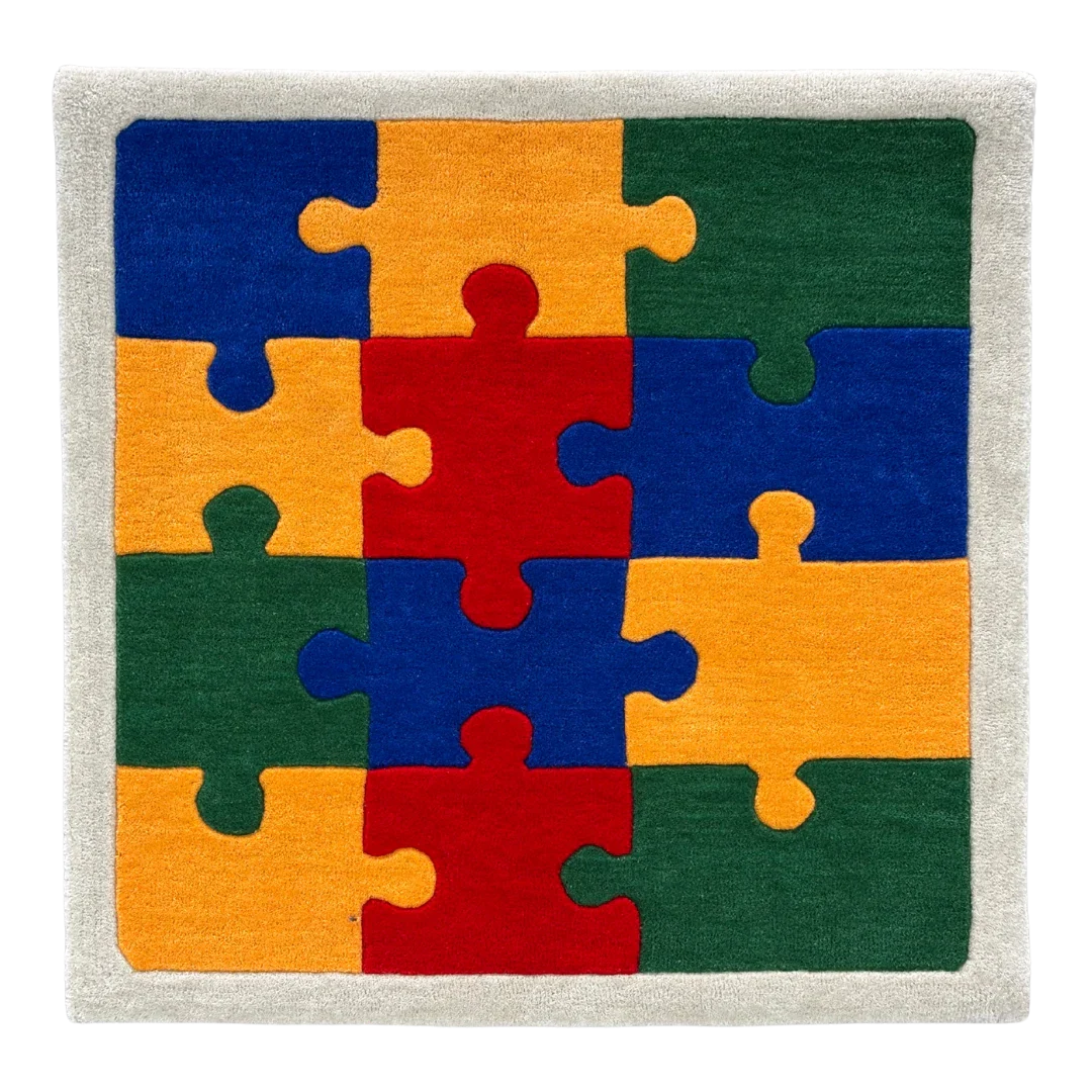 Colorful puzzle hand tufted rug with interlocking pieces multicolor