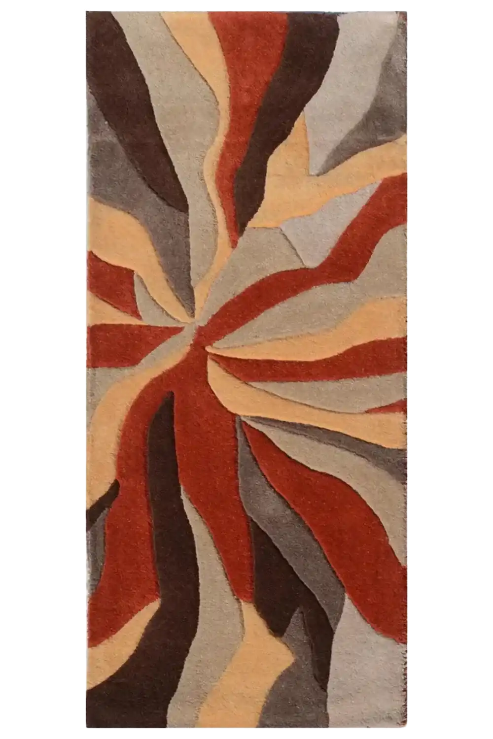 Colorful abstract hand tufted runner rug with swirled patterns in red, beige, brown, and gray shades