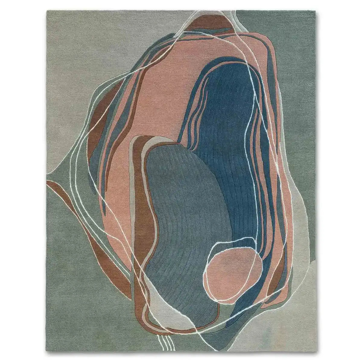 Contemporary abstract handwoven rug with layered thread design in blue, peach, brown, and gray tones