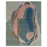 Contemporary abstract handwoven rug with layered thread design in blue, peach, brown, and gray tones