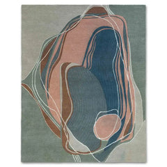 Contemporary abstract handwoven rug with layered thread design in blue, peach, brown, and gray tones