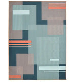 Machine washable geometric rug with blue and orange Bauhaus design in a living room, 8' x 10'