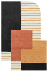 Modern geometric colorblock area rug in black, rust, and gold.