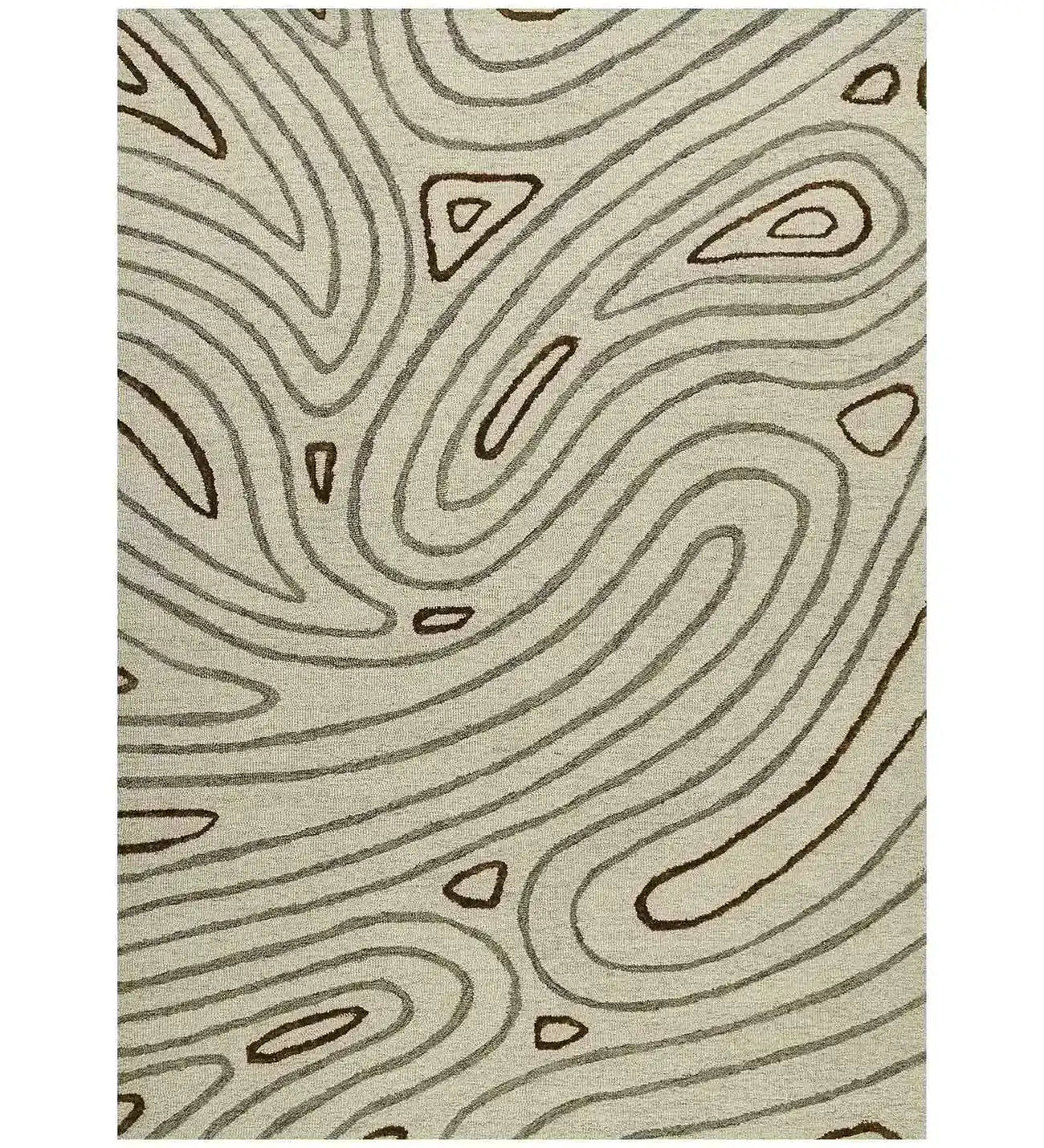 Handwoven tufted rug with abstract brown and beige swirl pattern by Mannat Rugs