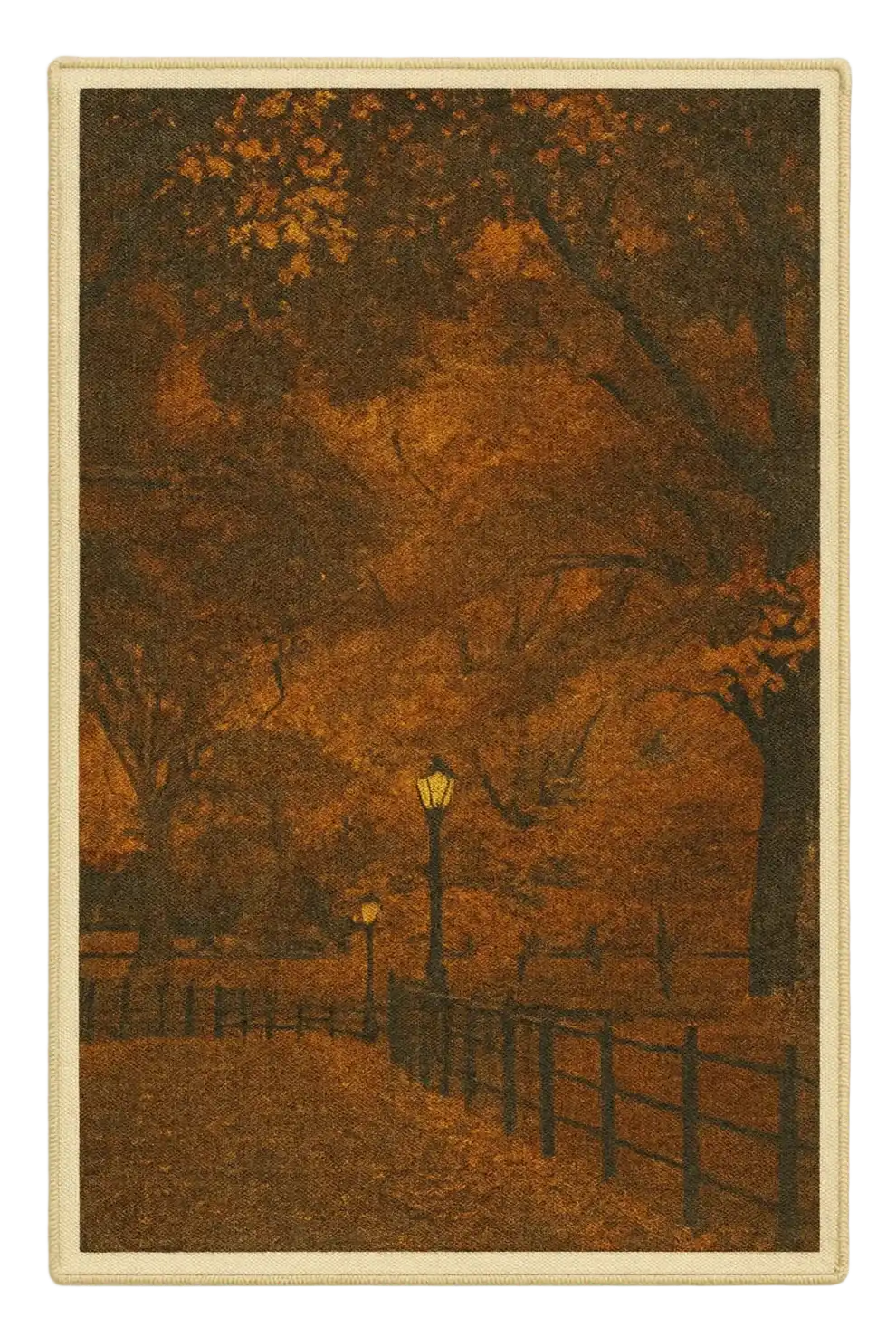 Autumn evening rug with glowing lampposts and tree-lined park path.