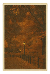 Autumn evening rug with glowing lampposts and tree-lined park path.