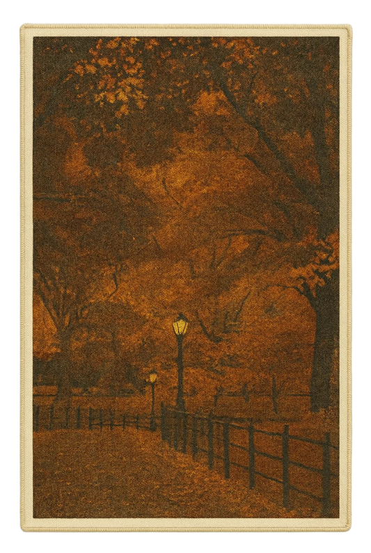 Autumn evening rug with glowing lampposts and tree-lined park path.