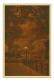 Autumn evening rug with glowing lampposts and tree-lined park path.
