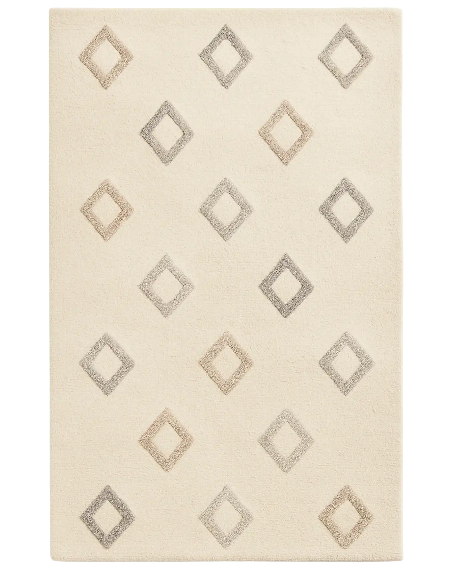 Cream hand-tufted wool diamond rug with minimalist geometric pattern.