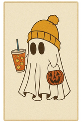 Cute ghost Halloween rug with pumpkin bucket and pumpkin spice latte.