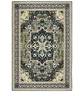 Dark green Heriz style machine washable rug.