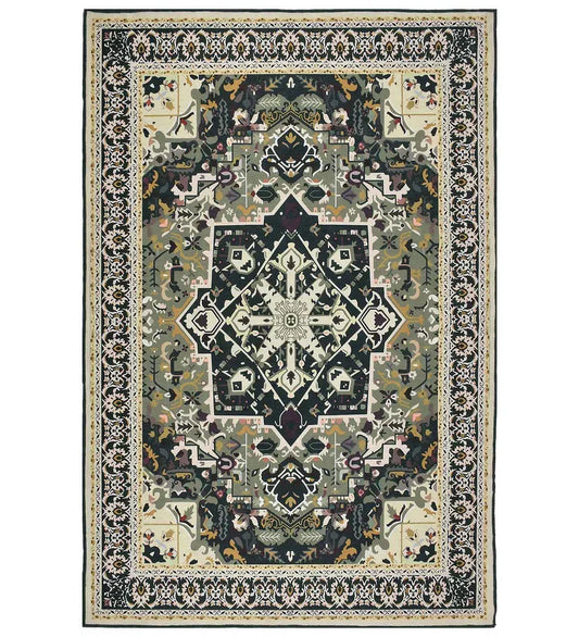 Dark green Heriz style machine washable rug.