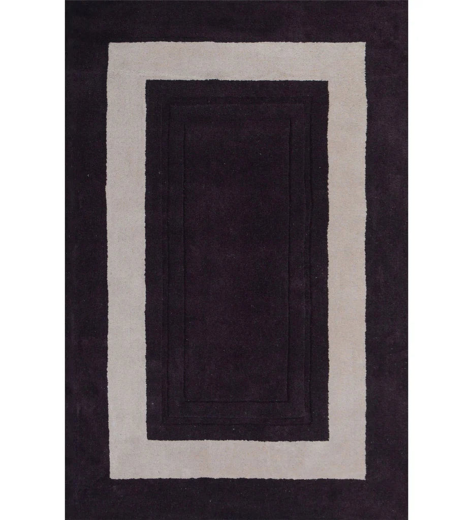Plum and ivory hand-tufted wool rug with geometric border design
