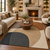 Taupe and ivory 8x10 rectangular wool area rug for bedroom with modern abstract color blocks