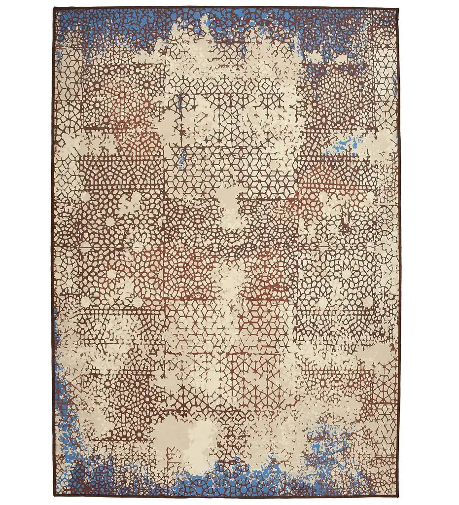 Distressed mosaic patterned luxury rug with beige, brown, and blue tones from Mannat Rugs