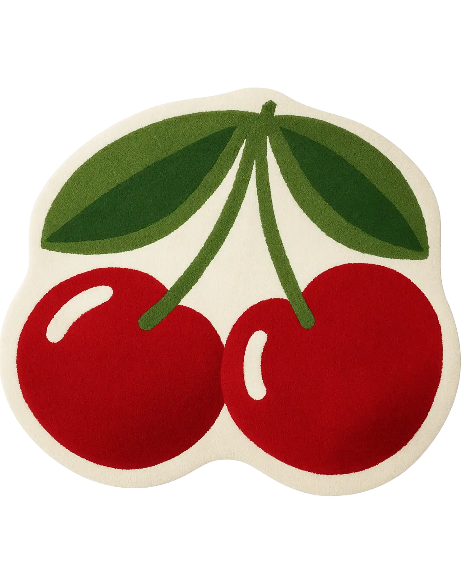 Hand-tufted double cherry wool rug with bold red fruit and green leaves.