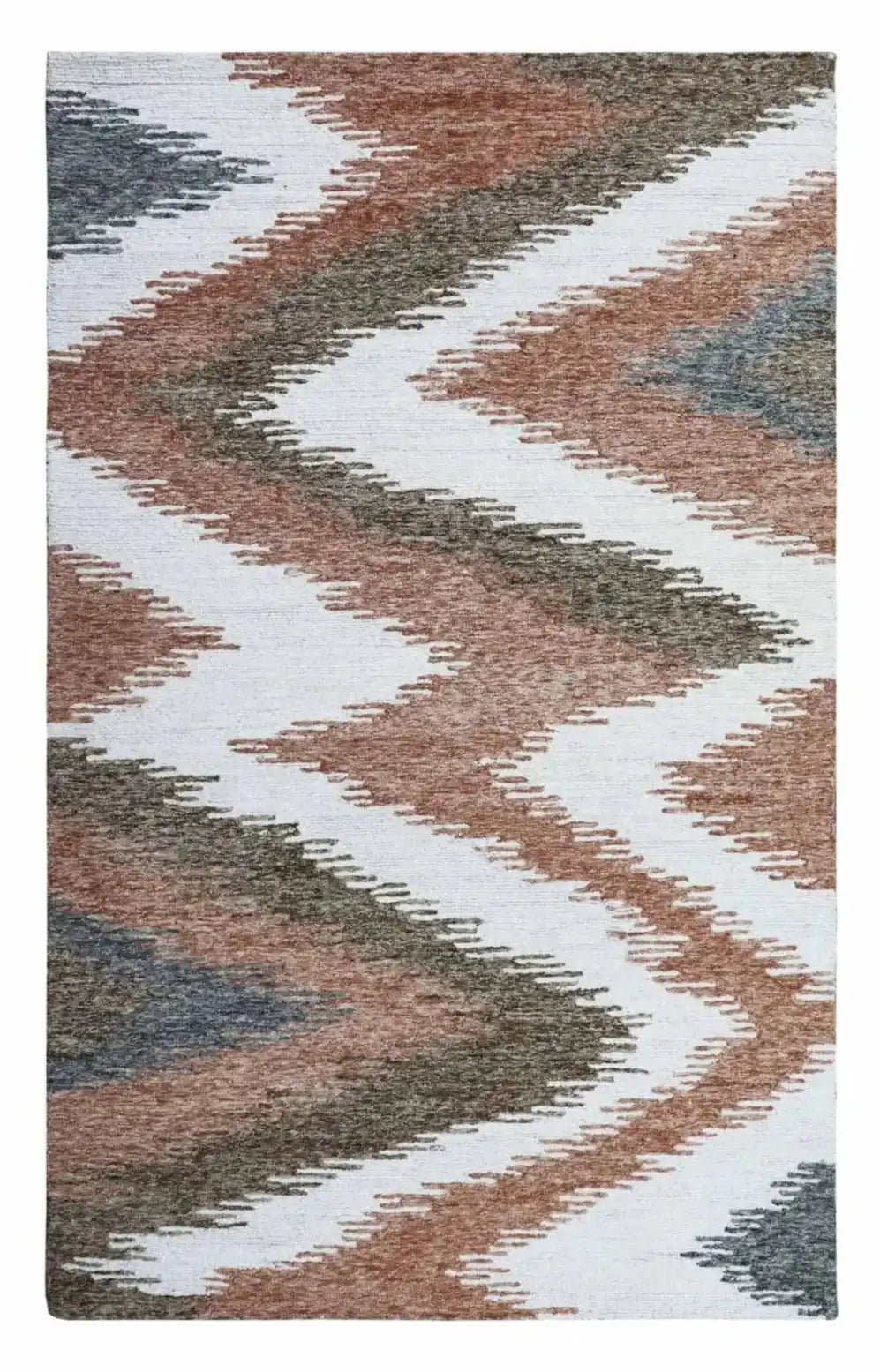 Hand-tufted chevron wool rug in brown and grey zigzag design.