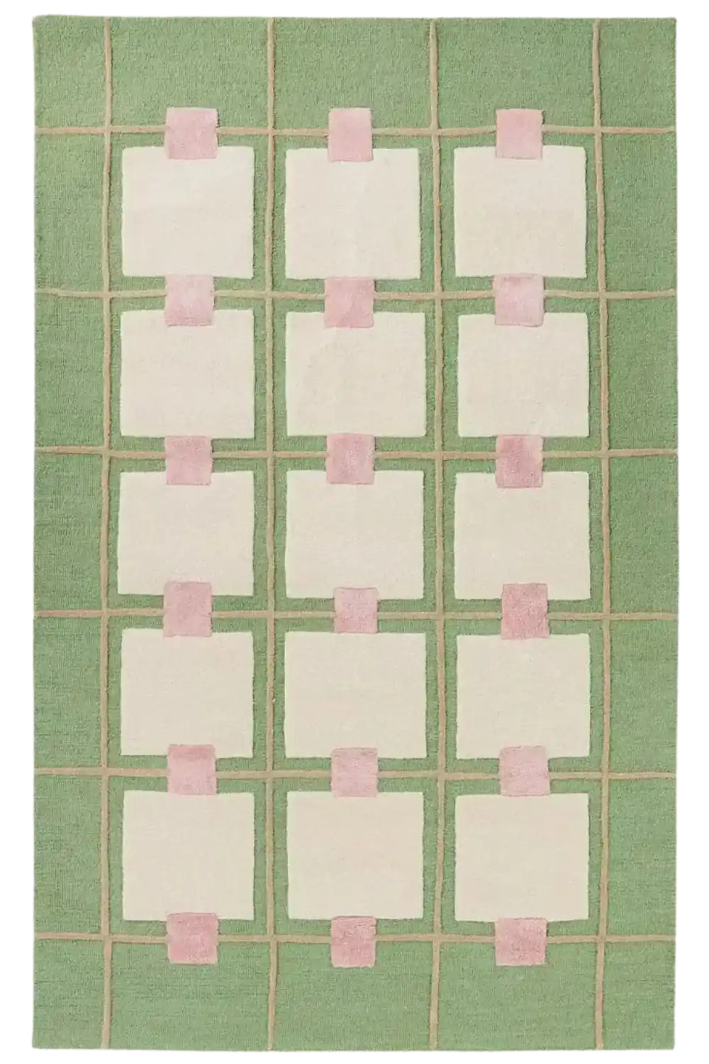 Emerald green hand-tufted rug with beige squares and pink rectangular accents in grid pattern