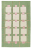 Emerald green hand-tufted rug with beige squares and pink rectangular accents in grid pattern