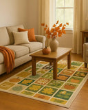 Cozy living room with fall-themed patchwork rug, neutral sofa and chair, orange accents, wooden coffee table
