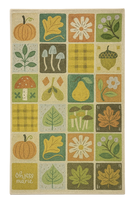 Machine washable fall rug with pumpkins, acorns, and autumn leaves.