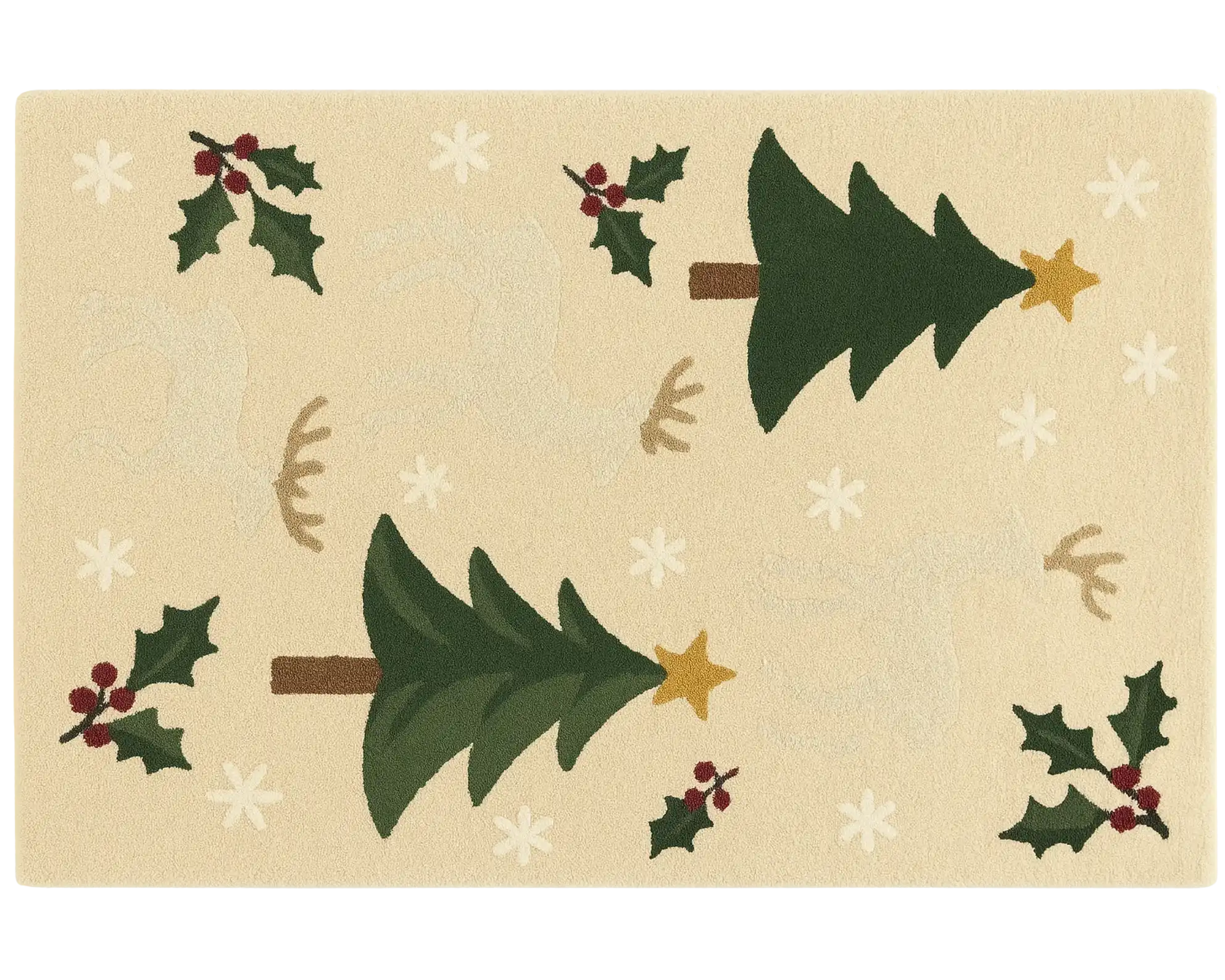 Beige wool Christmas Rug with reindeer and tree design β handmade holiday dΓ©cor.