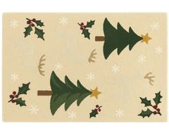 Beige wool Christmas Rug with reindeer and tree design β handmade holiday dΓ©cor.