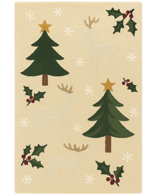 Festive Trees & Reindeer Hand-Tufted Wool Christmas Rug – Holiday Rug Décor.