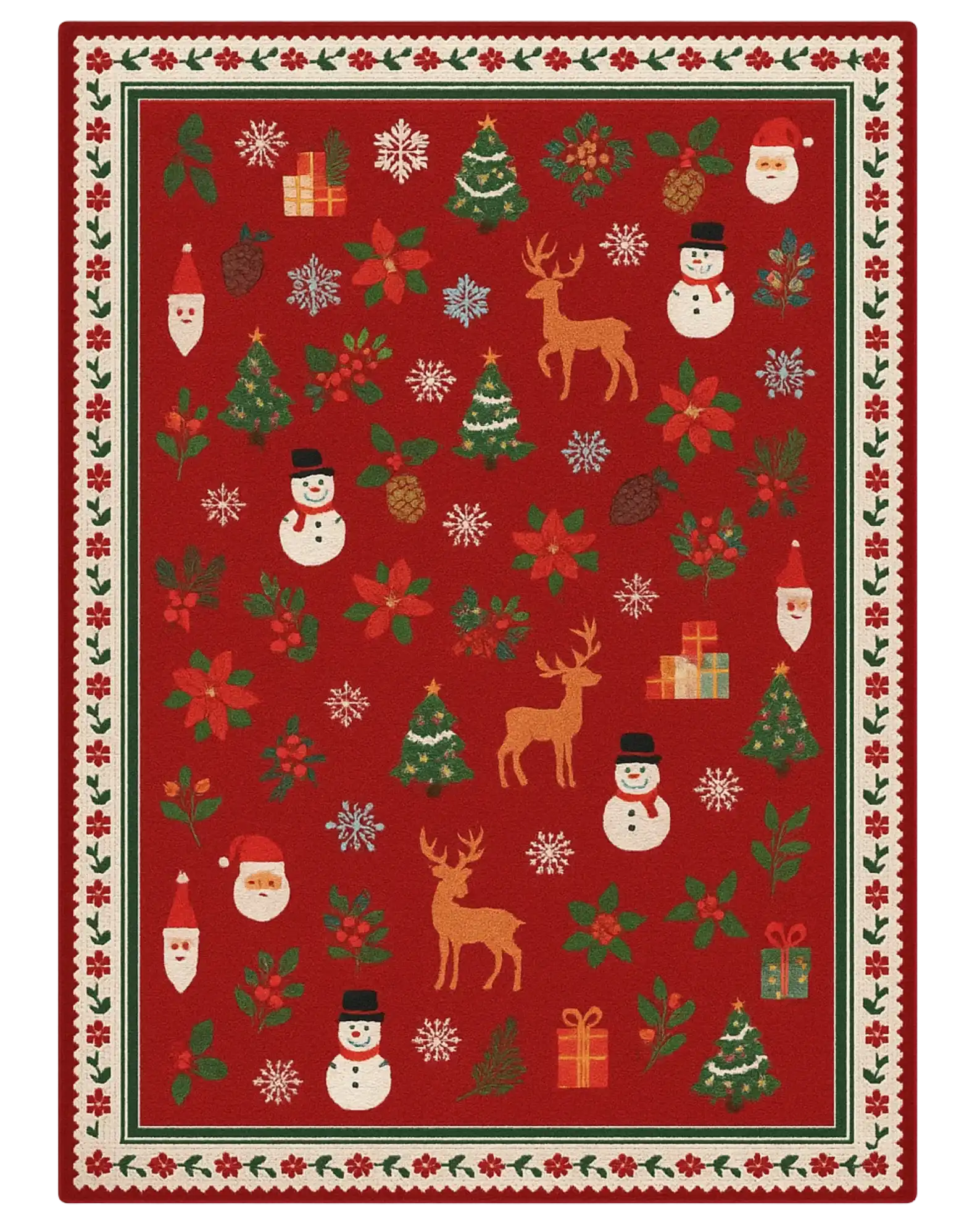 Festive Red Christmas Rug featuring reindeer, snowmen, and holiday motifs.