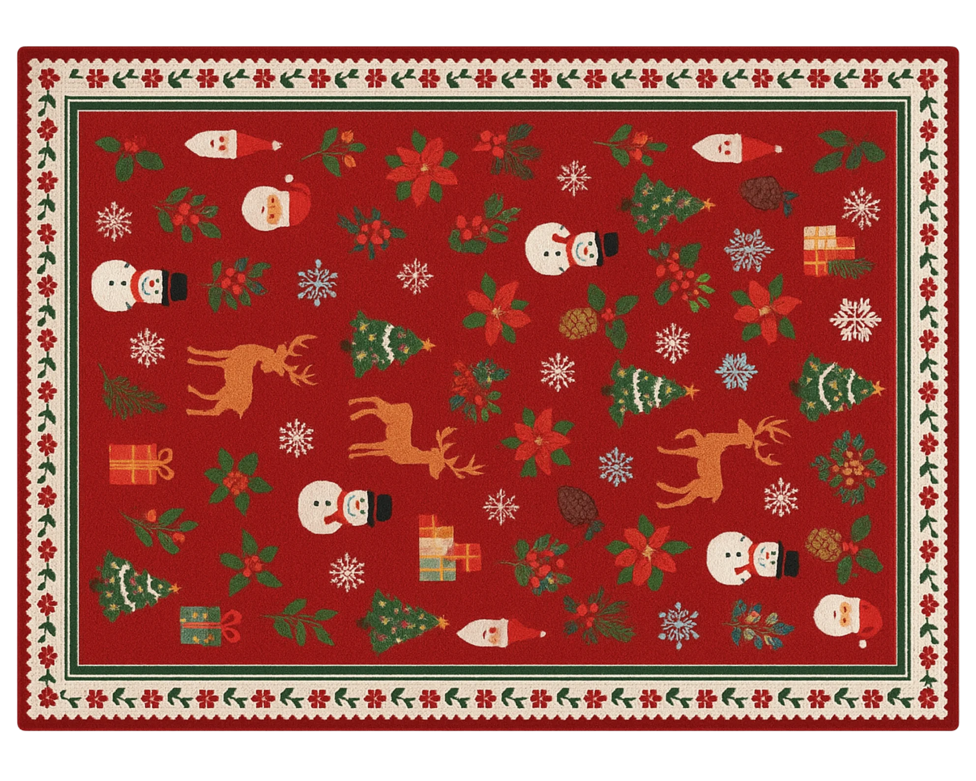 Hand-tufted wool Holiday Rug with Santa, gifts, and snowflakes on a red background.