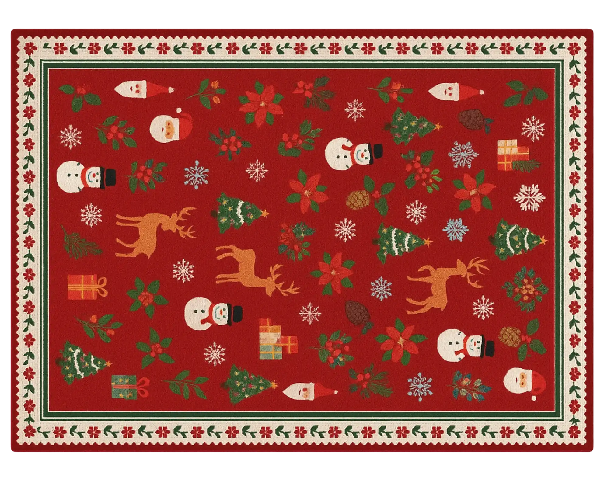 Hand-tufted wool Holiday Rug with Santa, gifts, and snowflakes on a red background.