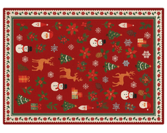 Hand-tufted wool Holiday Rug with Santa, gifts, and snowflakes on a red background.