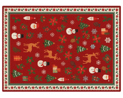 Hand-tufted wool Holiday Rug with Santa, gifts, and snowflakes on a red background.