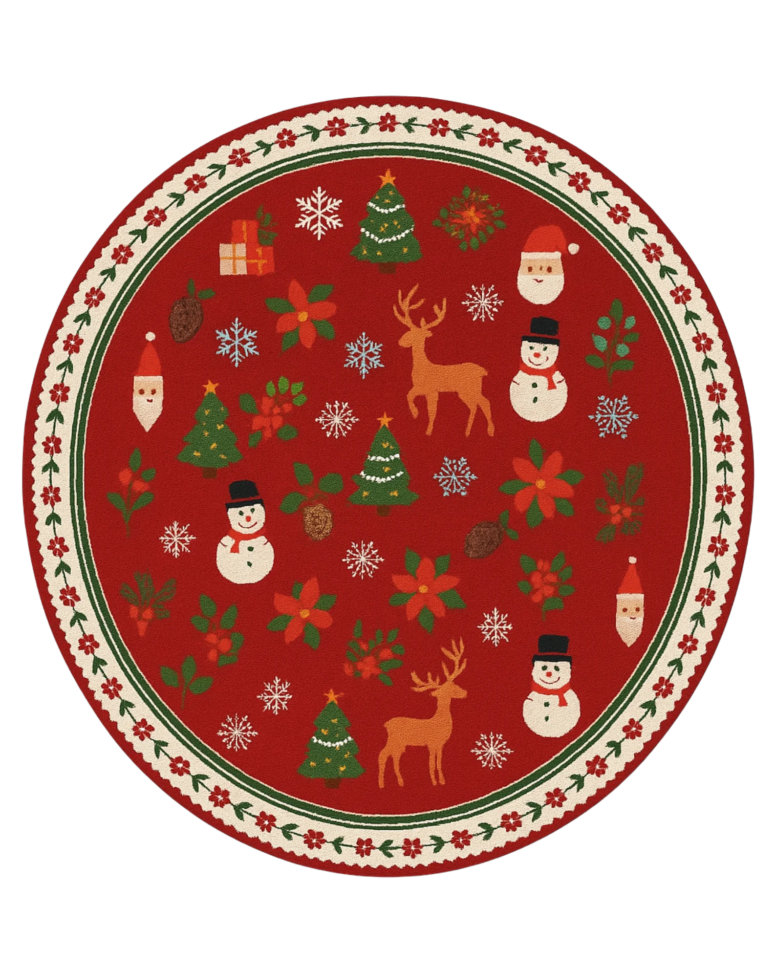 Luxury holiday-themed red wool round rug with Christmas icons and border detailing.