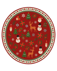 Luxury holiday-themed red wool round rug with Christmas icons and border detailing.