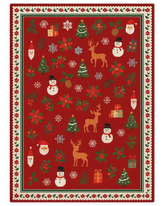 Festive Red Christmas Rug featuring reindeer, snowmen, and holiday motifs.