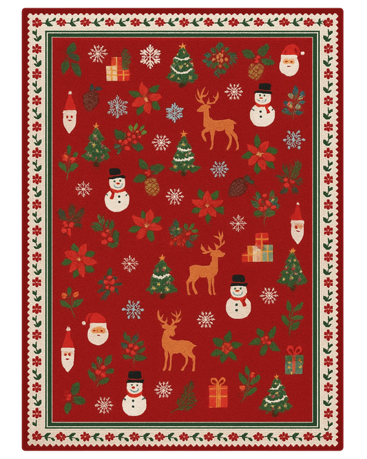 Festive Red Christmas Rug featuring reindeer, snowmen, and holiday motifs.