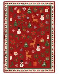 Festive Red Christmas Rug featuring reindeer, snowmen, and holiday motifs.