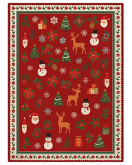 Festive Red Christmas Rug featuring reindeer, snowmen, and holiday motifs.