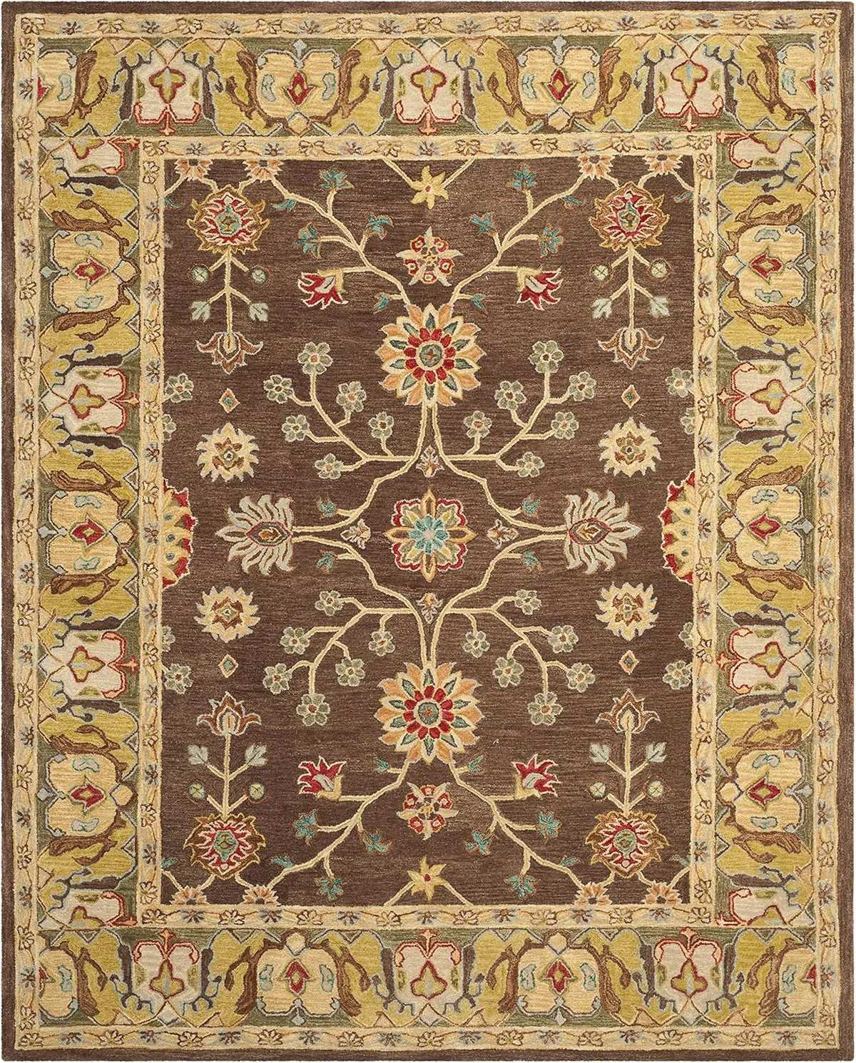 Hand-tufted floral rug with brown background and intricate yellow, red, and blue flower motifs