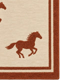 A rectangular area rug with a cream background, featuring a border and eight brown running horse motifs arranged across the surface.