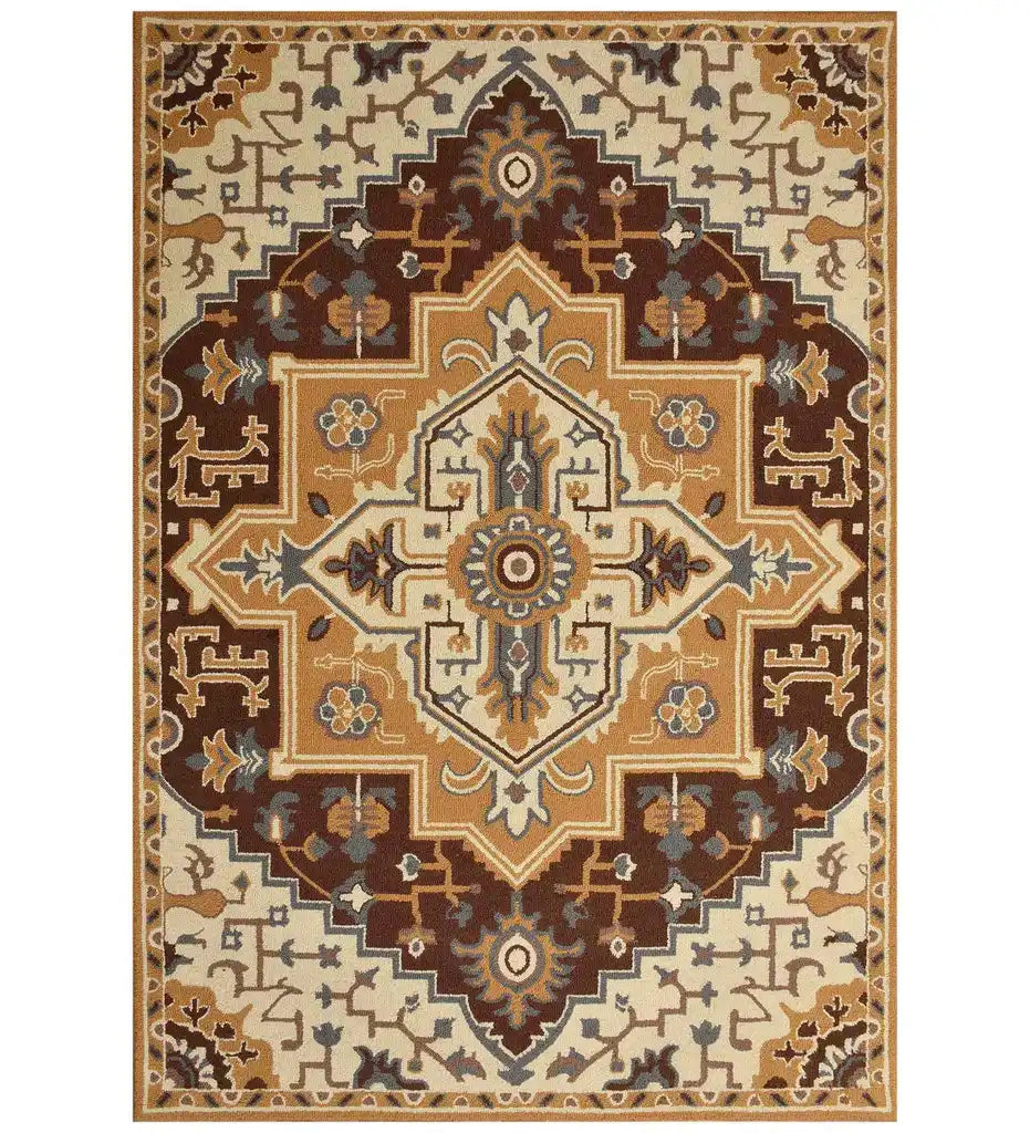 Persian medallion hand-tufted wool rug in gold, ivory, and brown
