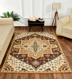 Traditional wool rug with bold central medallion and geometric motifs