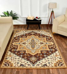 Traditional wool rug with bold central medallion and geometric motifs