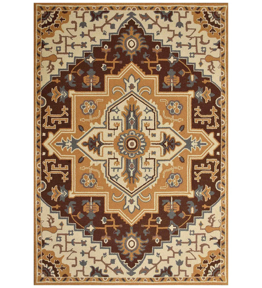 Persian medallion hand-tufted wool rug in gold, ivory, and brown