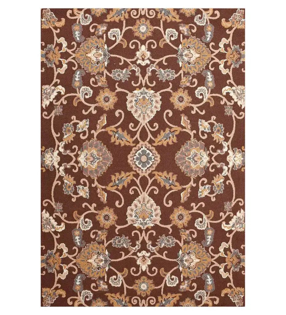 Hand-tufted wool rug with brown and gold Persian floral pattern