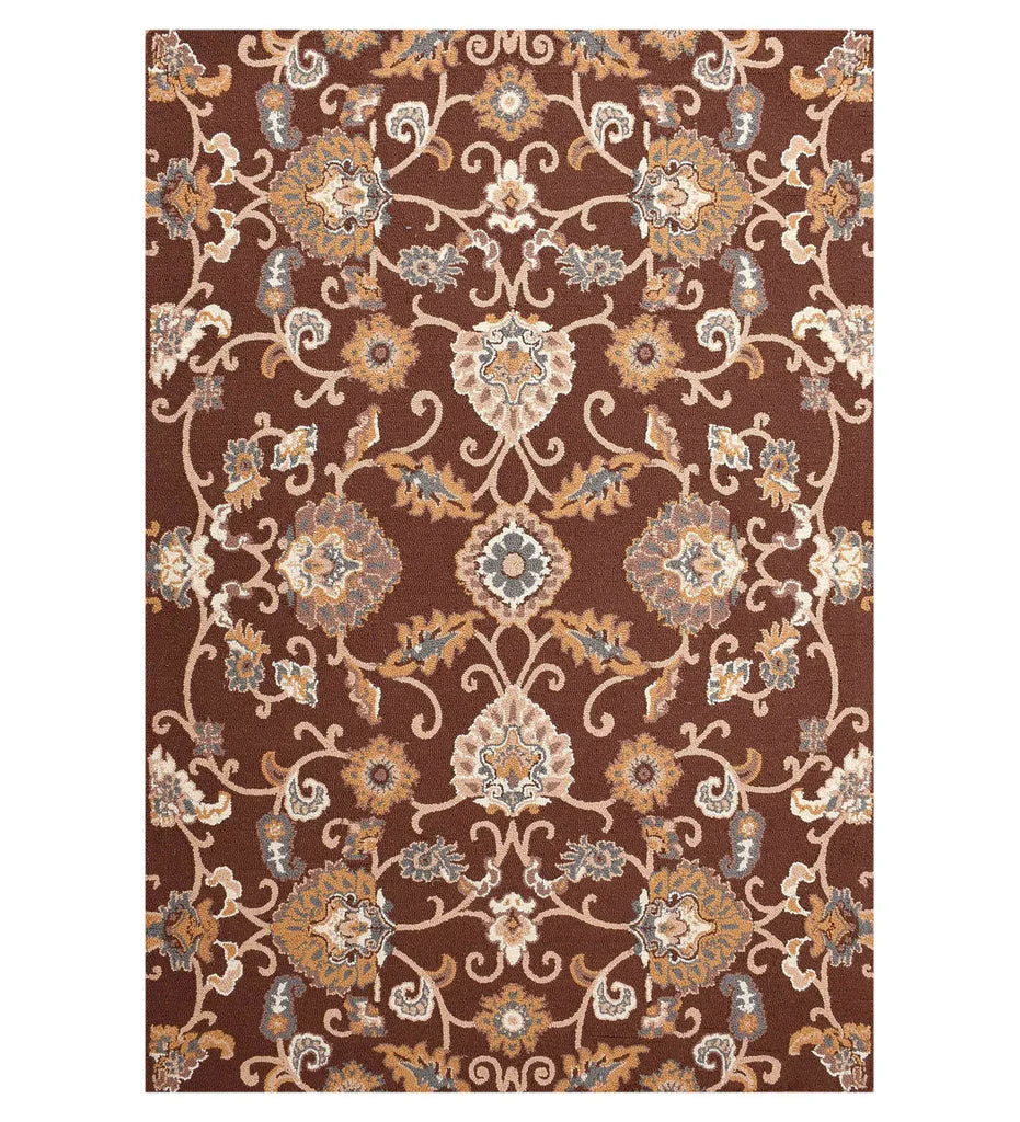 Hand-tufted wool rug with brown and gold Persian floral pattern