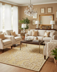 Gold traditional damask embossed area rug with a hand-tufted finish, styled in a living room to add a rich, elegant, and timeless decorative appeal